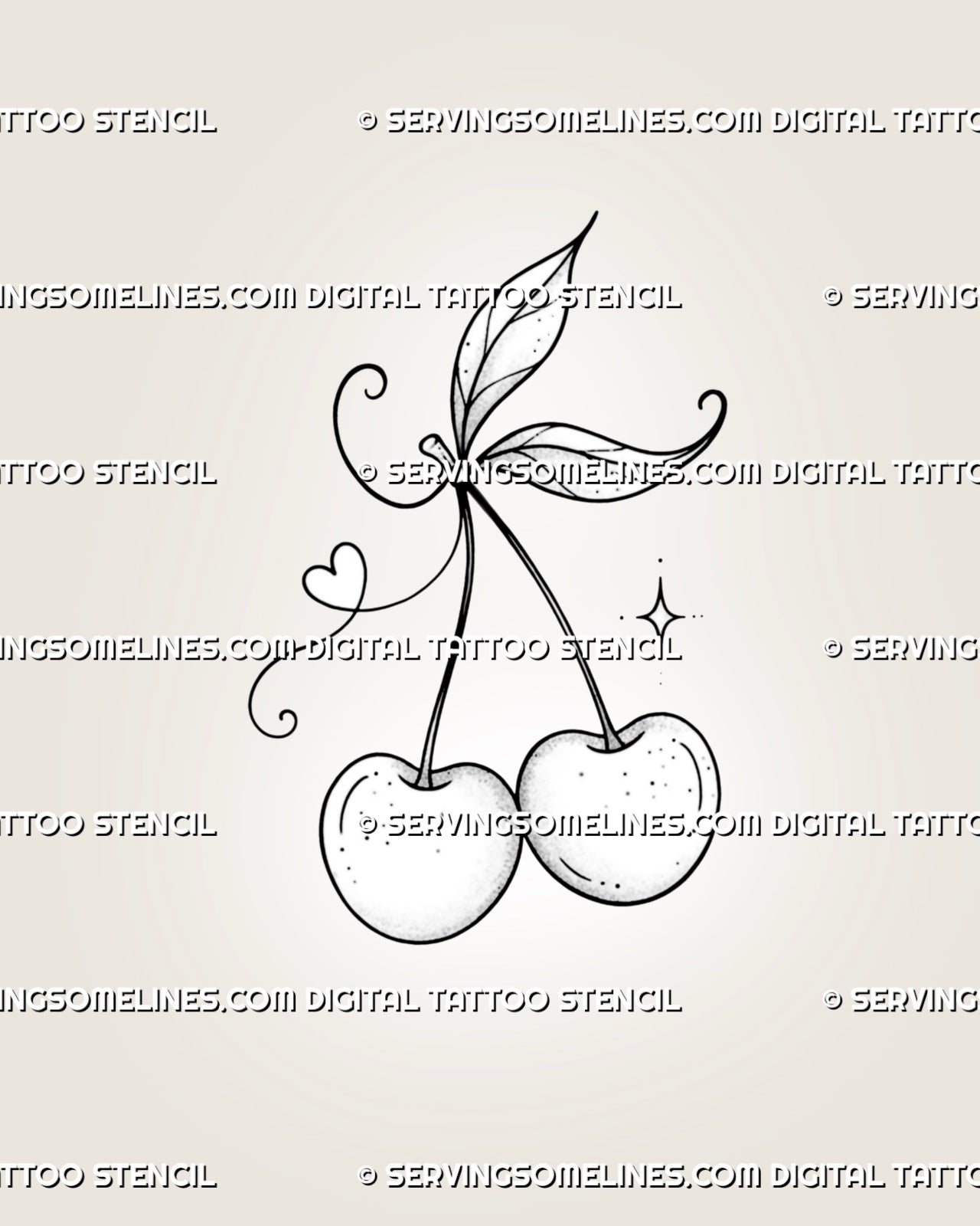 Fine line cherry tattoo stencil with twin cherries, delicate leaves, slender stems, light stippling, curling tendrils, a small heart loop, and sparkle detail