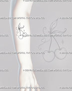 Fine line cherry tattoo stencil shown on the forearm with paired fruit, slender hanging stems, botanical leaves, decorative tendrils, and open spacing