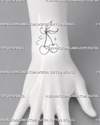 Fine line cherry tattoo shown on the wrist with two lightly shaded cherries, thin stems, pointed leaves, delicate curls, and a small sparklev