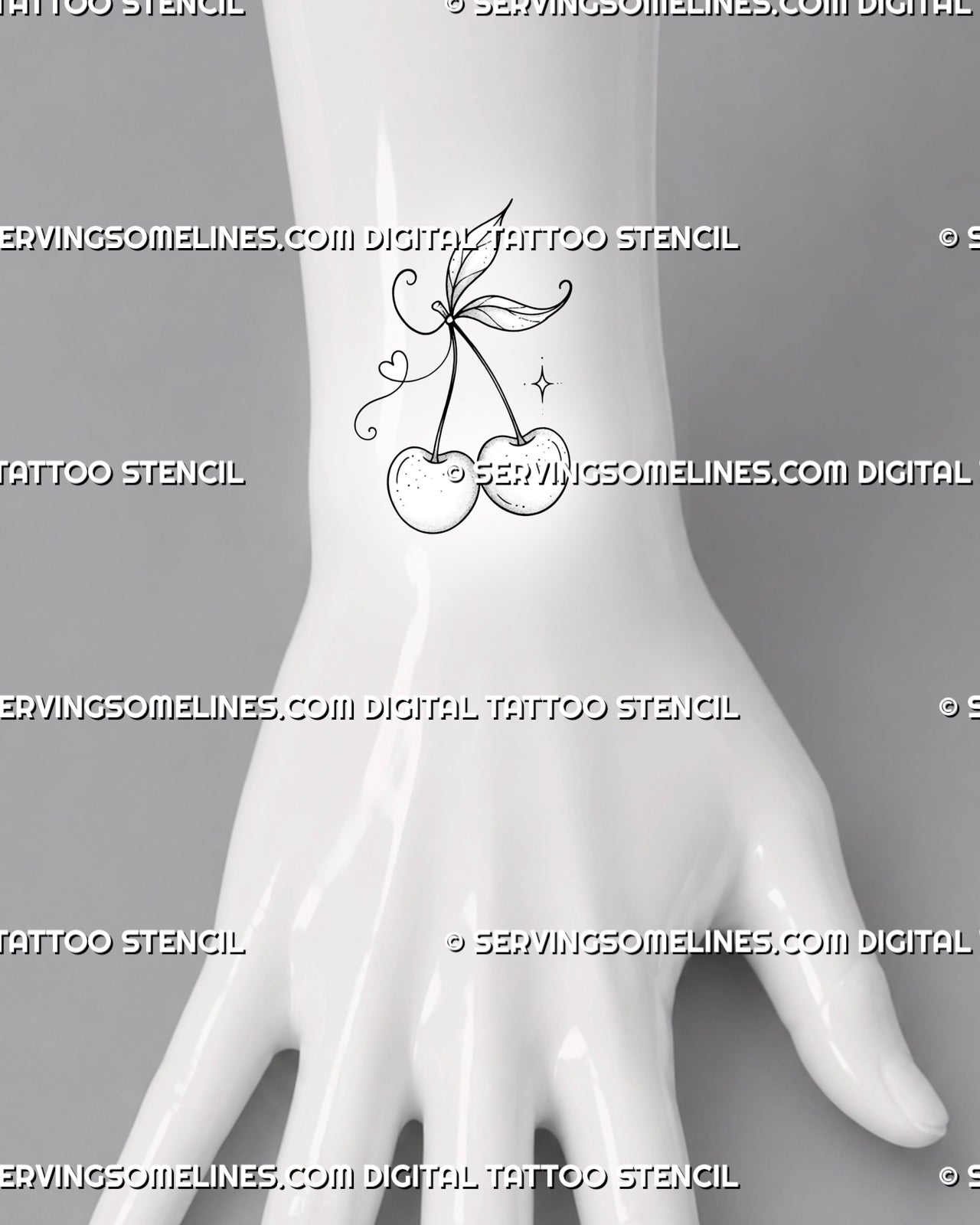 Fine line cherry tattoo shown on the wrist with two lightly shaded cherries, thin stems, pointed leaves, delicate curls, and a small sparklev