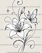 Close-up of fine line lily and butterfly tattoo stencil showing curved petals, detailed butterfly wings, soft dot shading, small stars, and floral linework