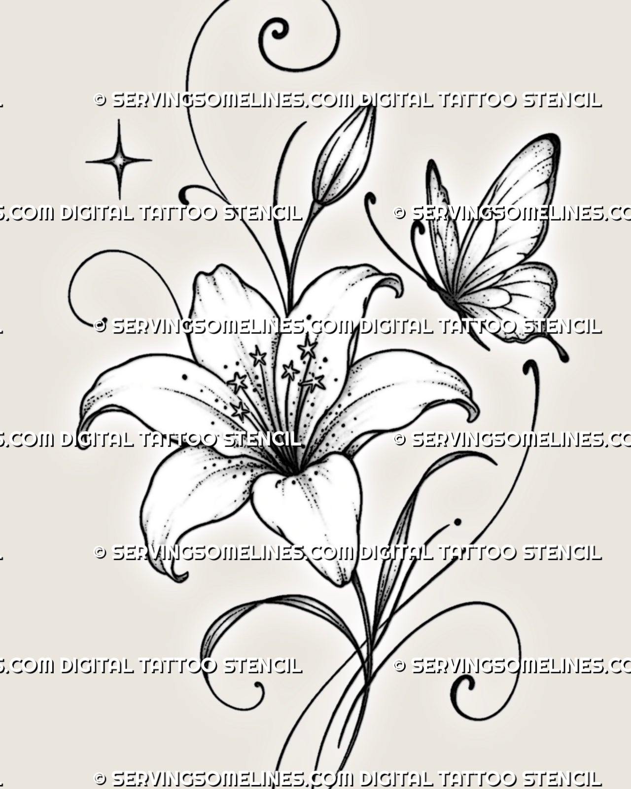 Close-up of fine line lily and butterfly tattoo stencil showing curved petals, detailed butterfly wings, soft dot shading, small stars, and floral linework