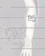 Fine line unicorn tattoo stencil shown on forearm with winged full-body design, delicate black linework, curled mane, flowing tail, and magical star details