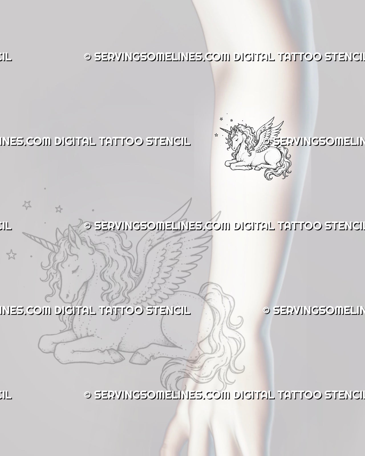 Fine line unicorn tattoo stencil shown on forearm with winged full-body design, delicate black linework, curled mane, flowing tail, and magical star details