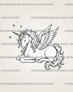 Fine line unicorn tattoo stencil with delicate feathered wings, spiral horn, flowing curly mane and tail, resting pose, and small star accents