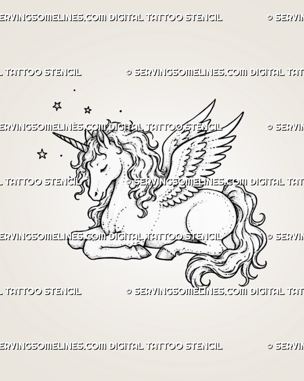 Fine line unicorn tattoo stencil with delicate feathered wings, spiral horn, flowing curly mane and tail, resting pose, and small star accents
