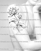 Fine line water lily tattoo shown on women’s arm with two aquatic flowers, broad lily pads, curved stems, and rippling water details