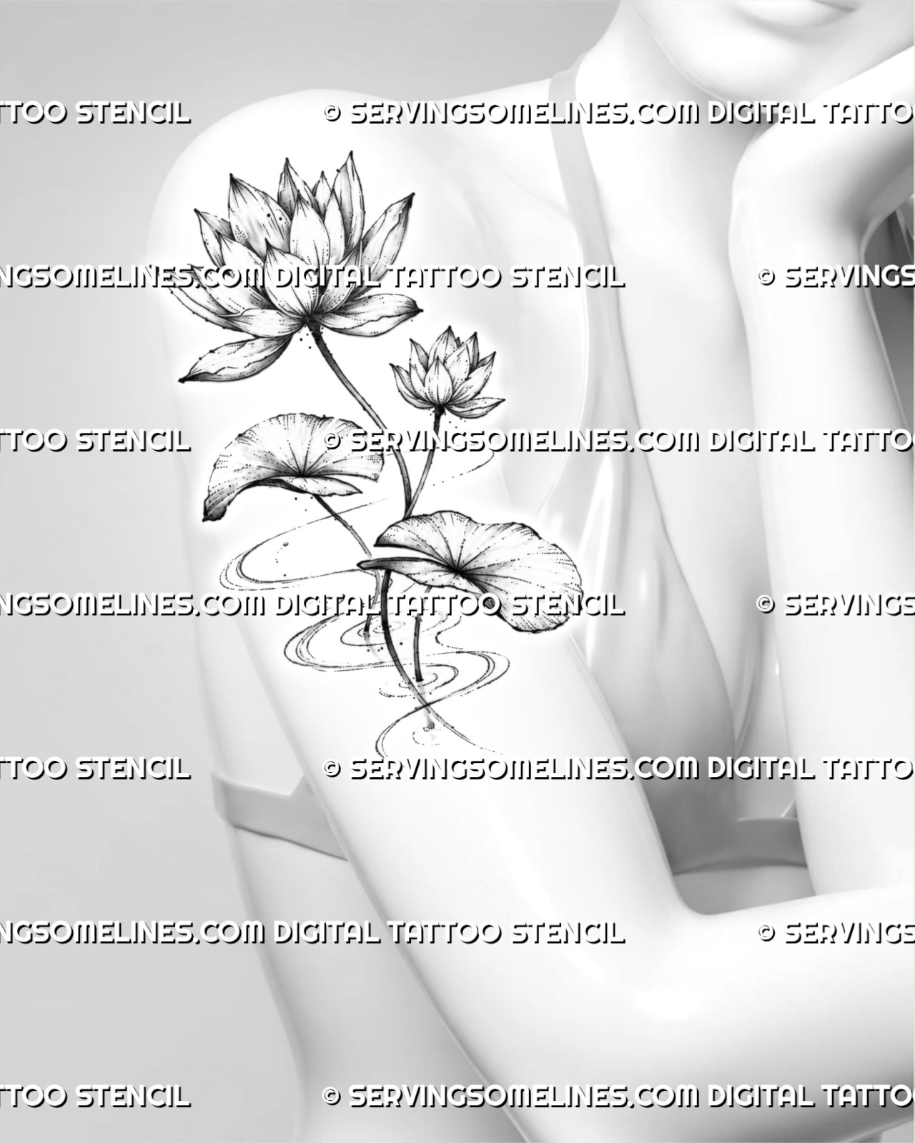 Fine line water lily tattoo shown on women’s arm with two aquatic flowers, broad lily pads, curved stems, and rippling water details