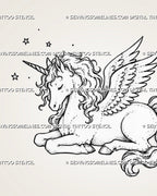 Close view of fine line winged unicorn tattoo stencil showing delicate feather details, spiral horn, closed eye, curled mane, light shading, and star accents