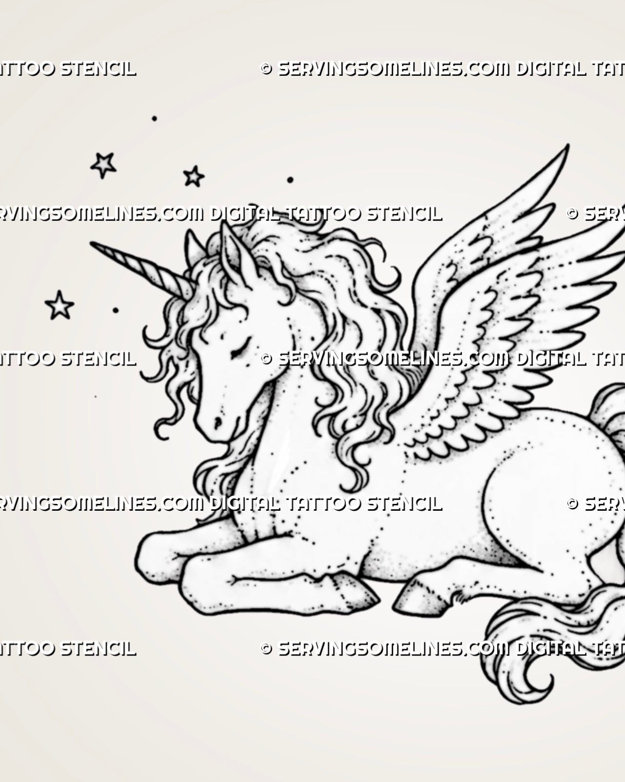Close view of fine line winged unicorn tattoo stencil showing delicate feather details, spiral horn, closed eye, curled mane, light shading, and star accents