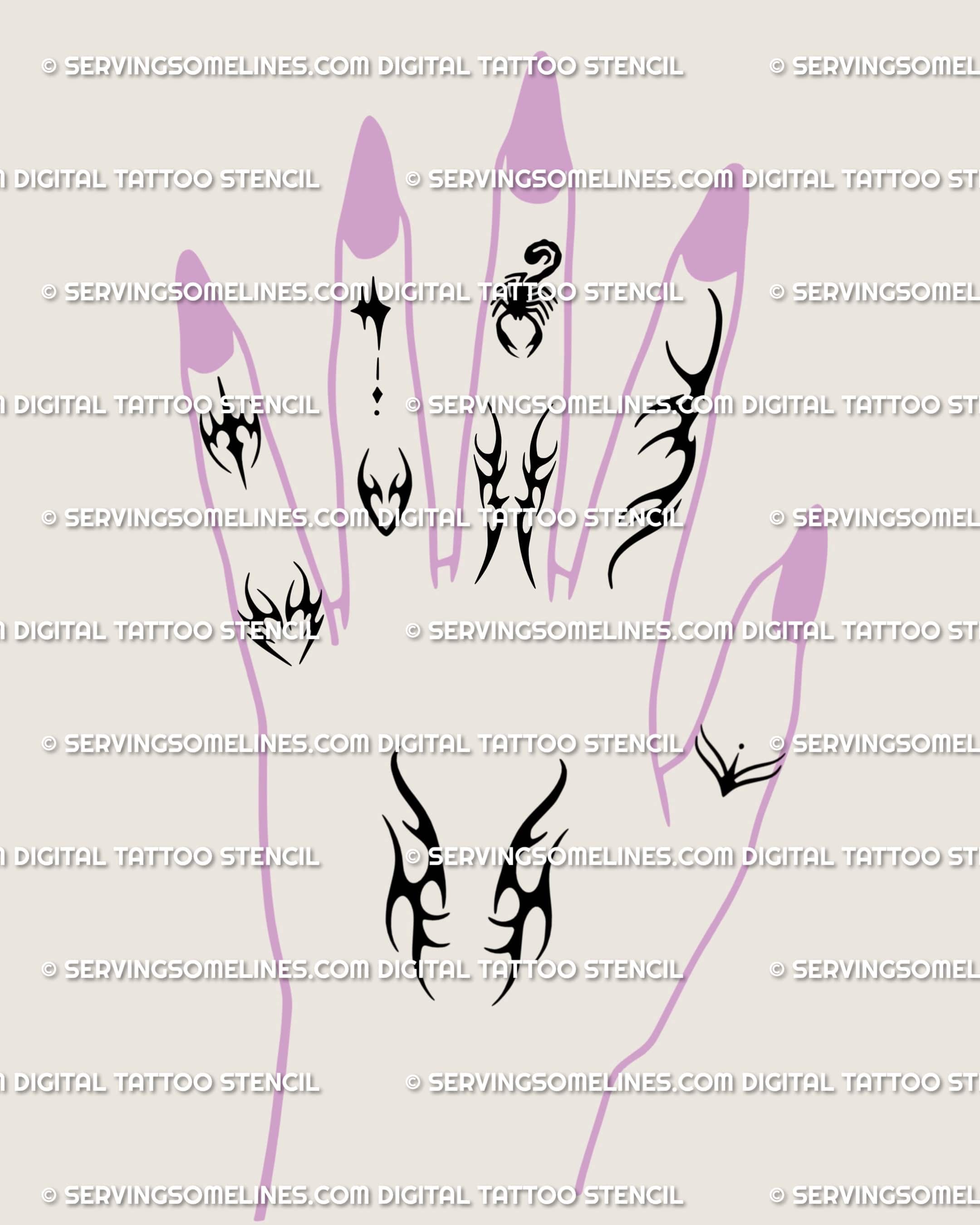 A finger tattoo flash sheet with gothic neotribal and cybersigil mini designs placed across hand and fingers, small blackwork composition.