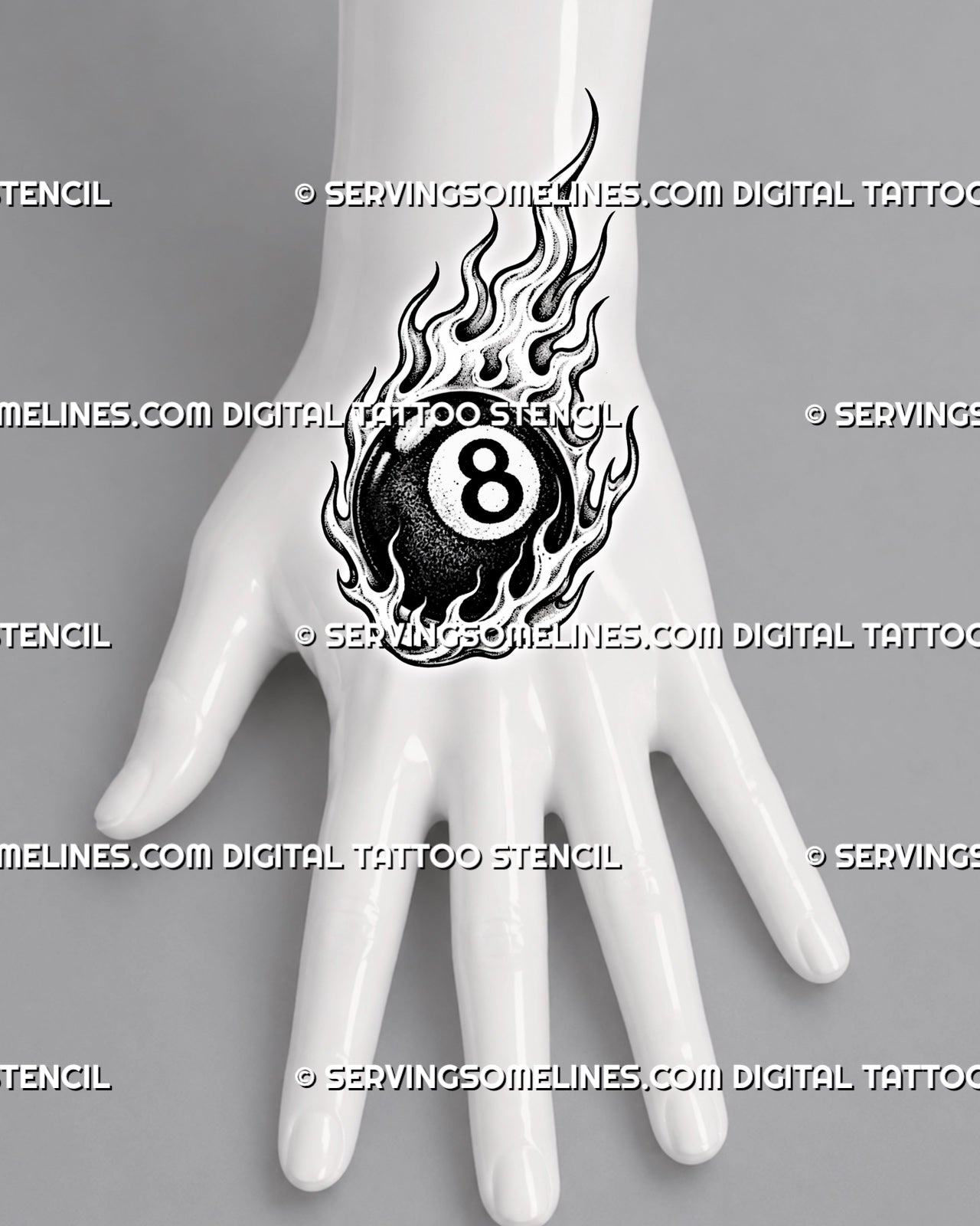 Fire 8 ball tattoo shown on the hand with a compact billiard ball, clear number panel, curved flames, and strong black-and-white contrast
