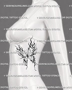 Fire butterfly tattoo shown on a woman’s ribs with long curved flame wings, segmented inner panels, fine antennae, and an elongated side-body flow