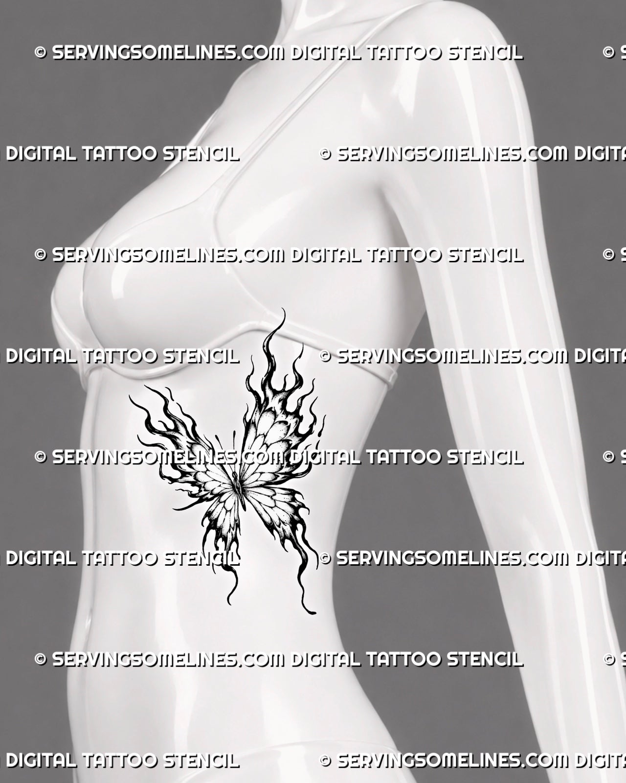 Fire butterfly tattoo shown on a woman’s ribs with long curved flame wings, segmented inner panels, fine antennae, and an elongated side-body flow