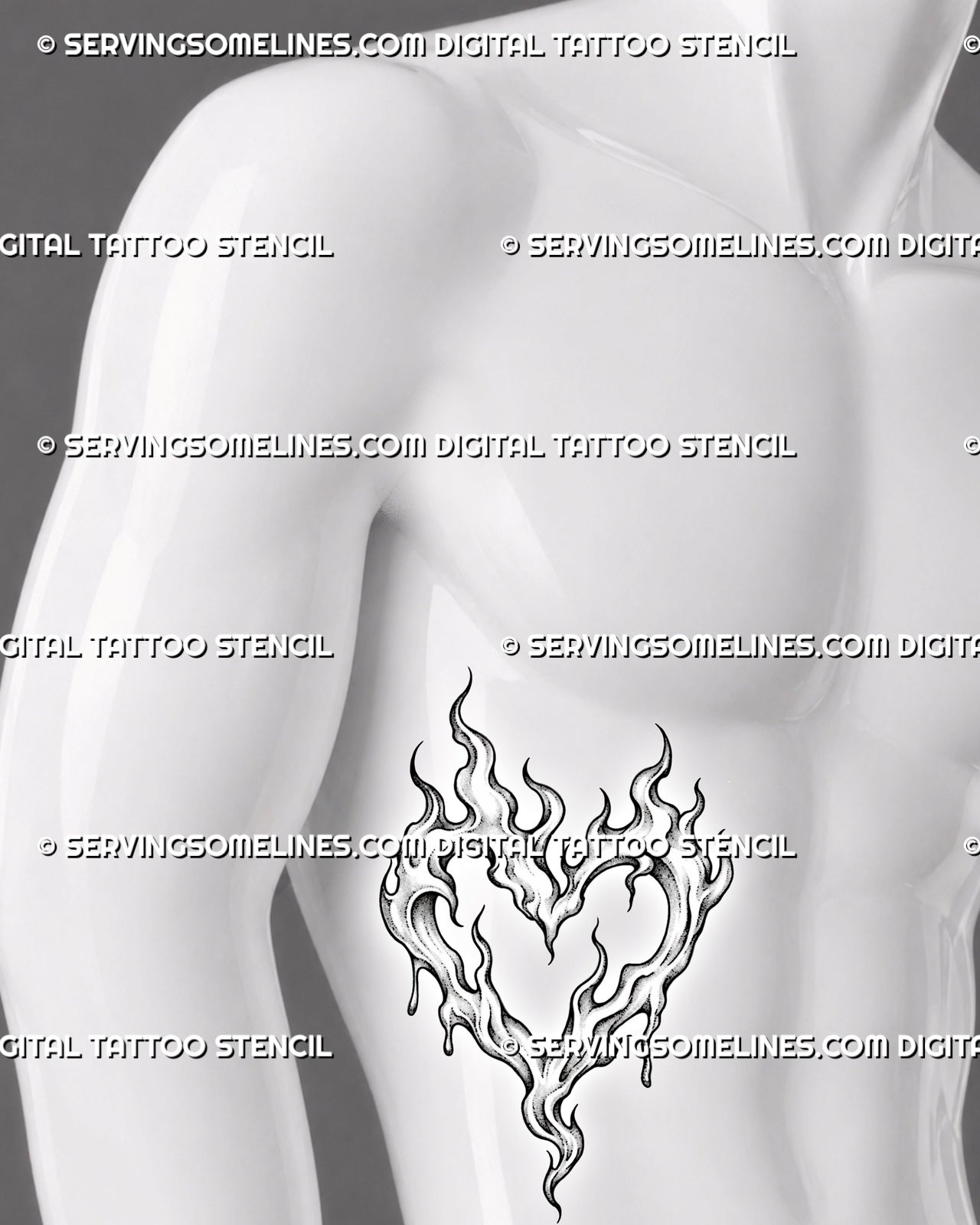 Fire heart tattoo shown on a man’s side stomach with rising flames, open central negative space, curved fire channels, and stippled black-and-grey detail