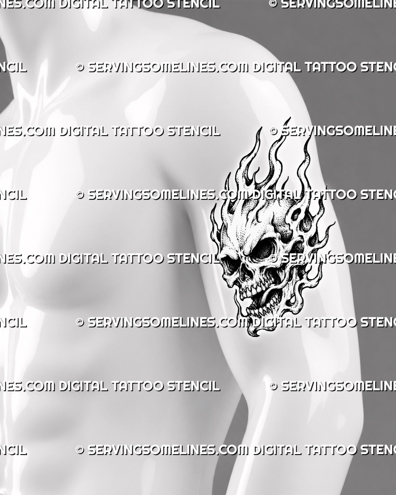 Fire skull tattoo shown on a man’s upper arm with a complete open-jaw skull, deep eye sockets, surrounding flames, bold shadows, and stippled shading