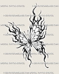 Flame butterfly tattoo stencil with four spread wings transforming into curved fire, layered wing panels, fine antennae, bold contours, and stippled shading