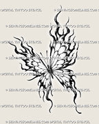 Flame butterfly tattoo stencil with four spread wings transforming into curved fire, layered wing panels, fine antennae, bold contours, and stippled shading