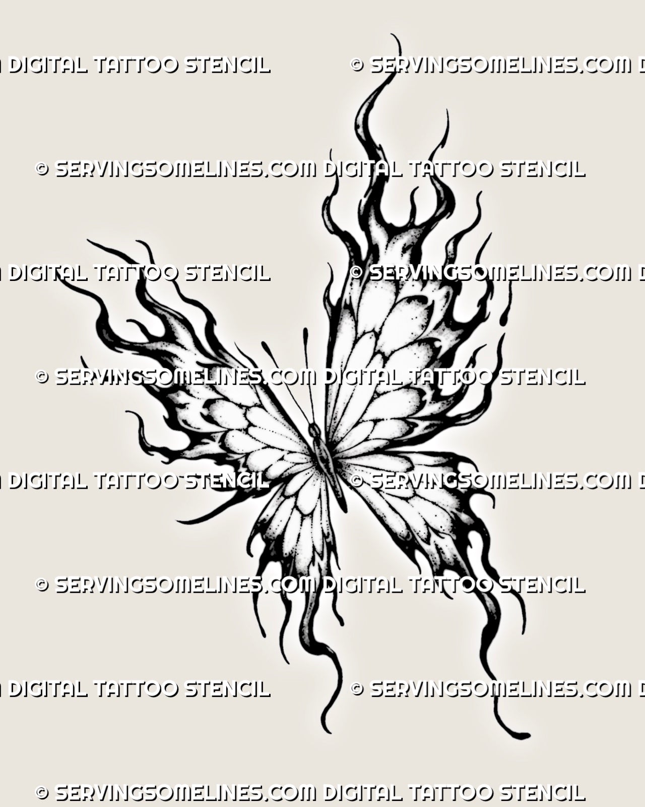 Flame butterfly tattoo stencil with four spread wings transforming into curved fire, layered wing panels, fine antennae, bold contours, and stippled shading