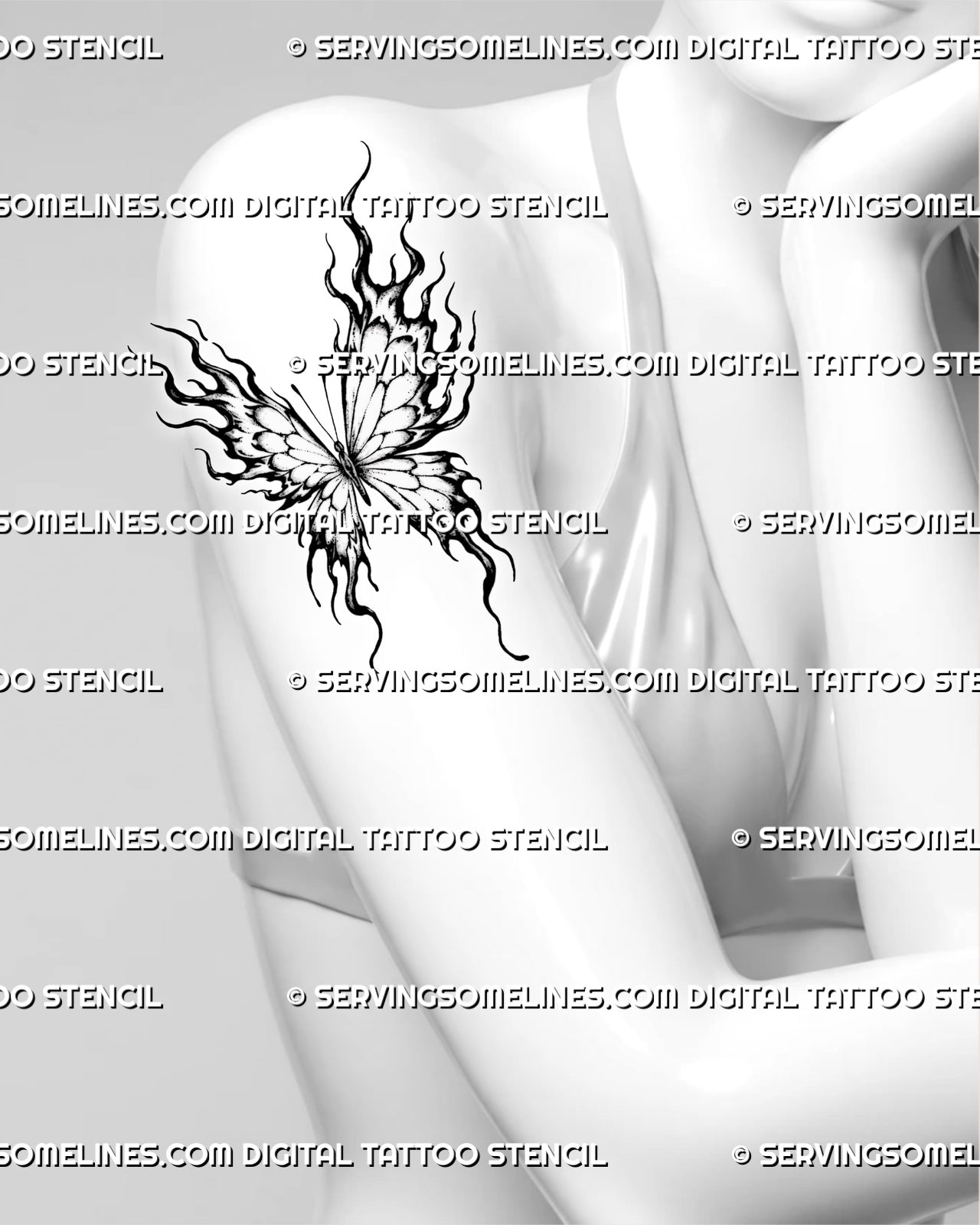 Flame butterfly tattoo shown on a woman’s upper arm with asymmetrical wings, long fire tips, layered panels, and black-and-grey stippled detail