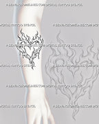 Flame heart outline tattoo shown on the forearm with an open heart center, layered fire shapes, stippled shading, and an elongated lower flame