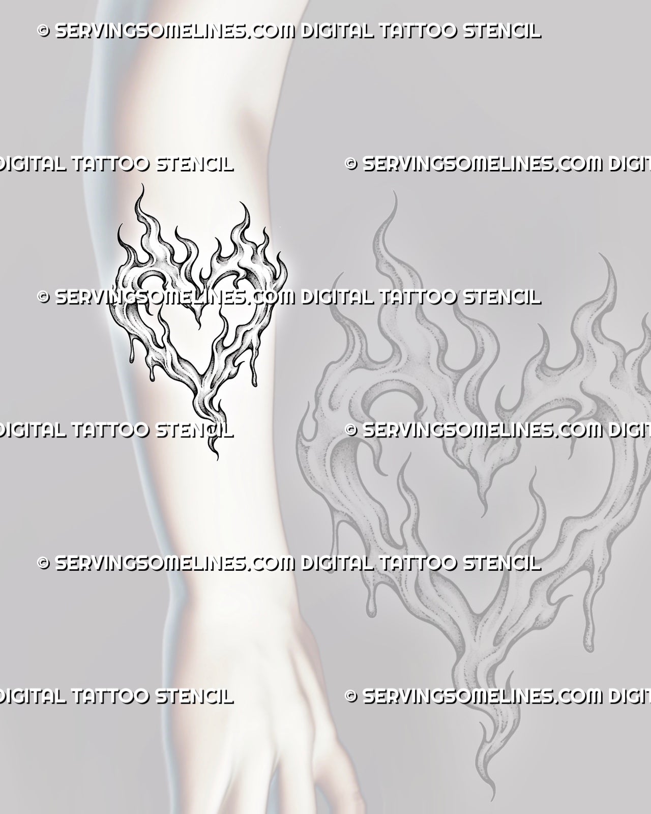 Flame heart outline tattoo shown on the forearm with an open heart center, layered fire shapes, stippled shading, and an elongated lower flame