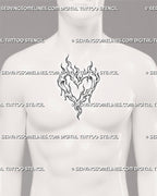 Flame heart tattoo centered on a man’s chest with a wide crown of fire, open heart-shaped center, dripping edges, and tapered flame tail