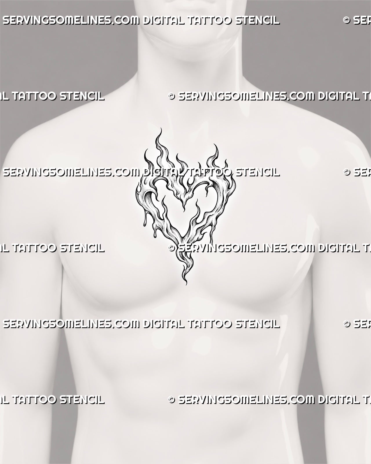 Flame heart tattoo centered on a man’s chest with a wide crown of fire, open heart-shaped center, dripping edges, and tapered flame tail