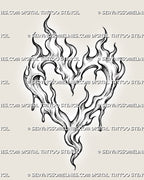 Flame heart tattoo stencil with an open heart formed from rising flames, dripping edges, curved fire channels, tapered tail, and stippled shading