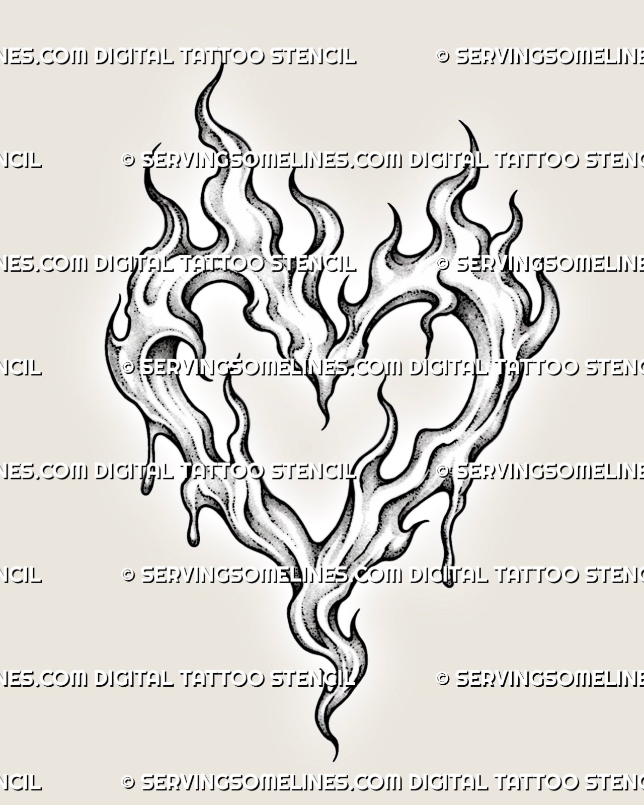 Flame heart tattoo stencil with an open heart formed from rising flames, dripping edges, curved fire channels, tapered tail, and stippled shading