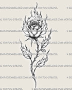 Flame rose tattoo stencil with a full layered bloom, flaming petals, fire-shaped leaves, long thorned stem, and fine stippled shading