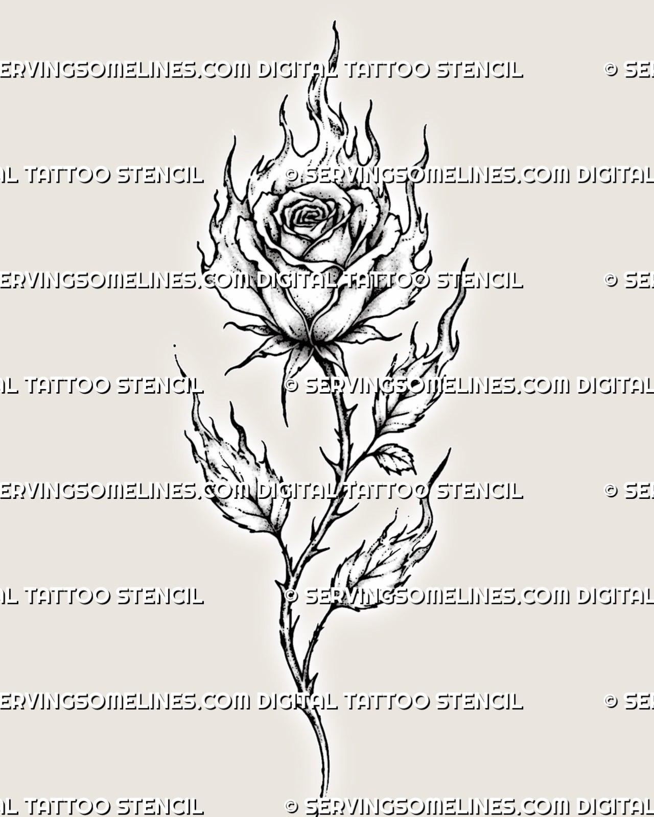 Flame rose tattoo stencil with a full layered bloom, flaming petals, fire-shaped leaves, long thorned stem, and fine stippled shading