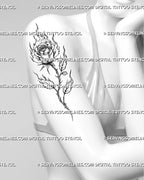 Flame rose tattoo shown on a woman’s upper arm with a layered flower, rising flames, thorned stem, and fire-shaped leavesv