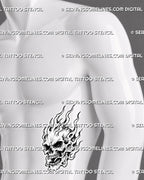 Flame skull tattoo shown on a man’s side stomach with a three-quarter skull, exposed teeth, deep facial shadows, and flames wrapping around the jaw and cranium