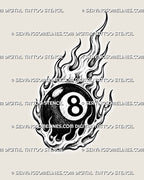 Flaming 8 ball tattoo stencil with a black billiard ball, bold number 8, layered surrounding flames, reflective highlights, and stippled shading