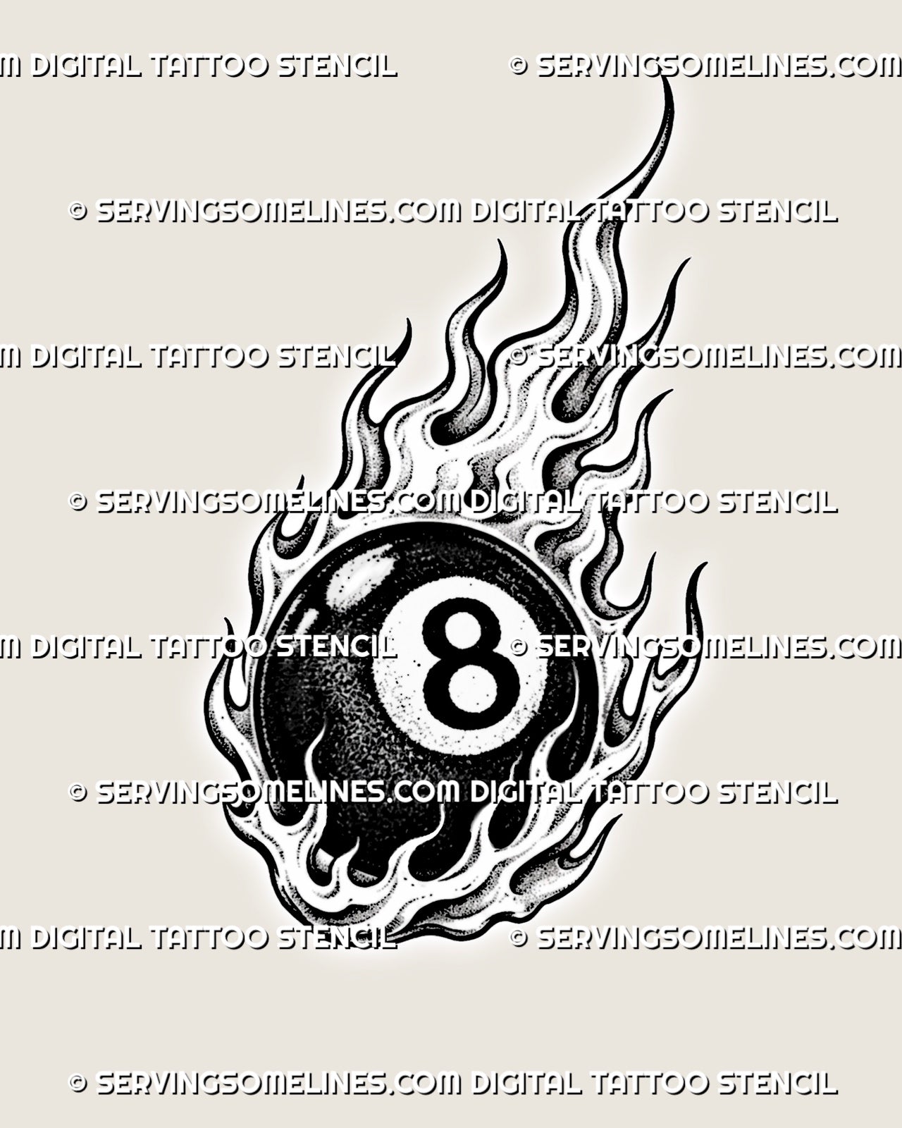 Flaming 8 ball tattoo stencil with a black billiard ball, bold number 8, layered surrounding flames, reflective highlights, and stippled shading