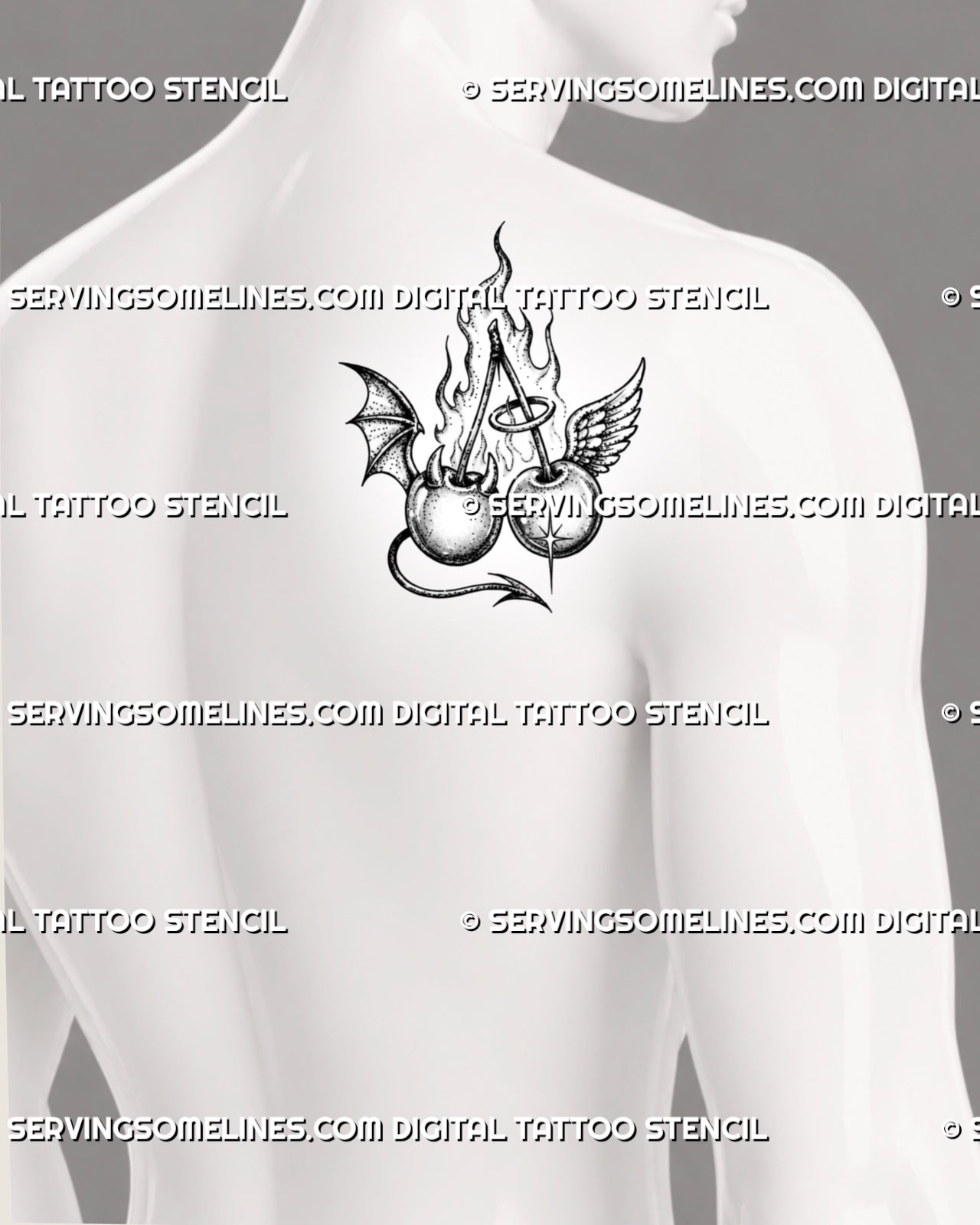 Flaming angel and devil cherry tattoo shown on men’s shoulder blade with paired cherries, contrasting wings, halo, horns, and curved pointed tail
