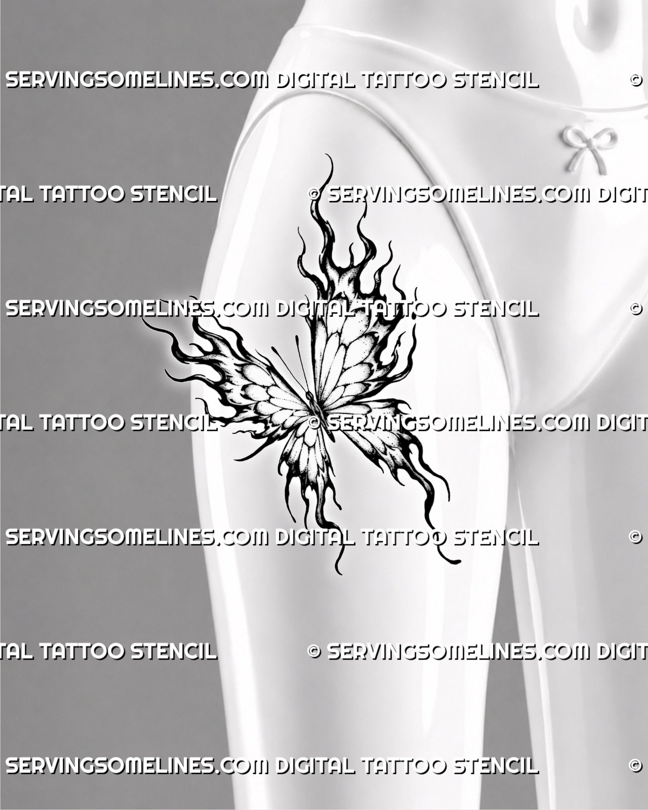 Flaming butterfly tattoo shown on a woman’s front thigh with four spread wings, long fire extensions, layered sections, and bold illustrative linework