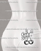 Flaming cherry bomb tattoo shown on women’s lower back and upper hip with paired cherries, burning fuses, explosive sparkbursts, and heart highlights
