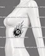 Flaming eight ball tattoo shown on a woman’s side ribs with rising fire, a black pool ball, bold numeral, and elongated flame silhouette