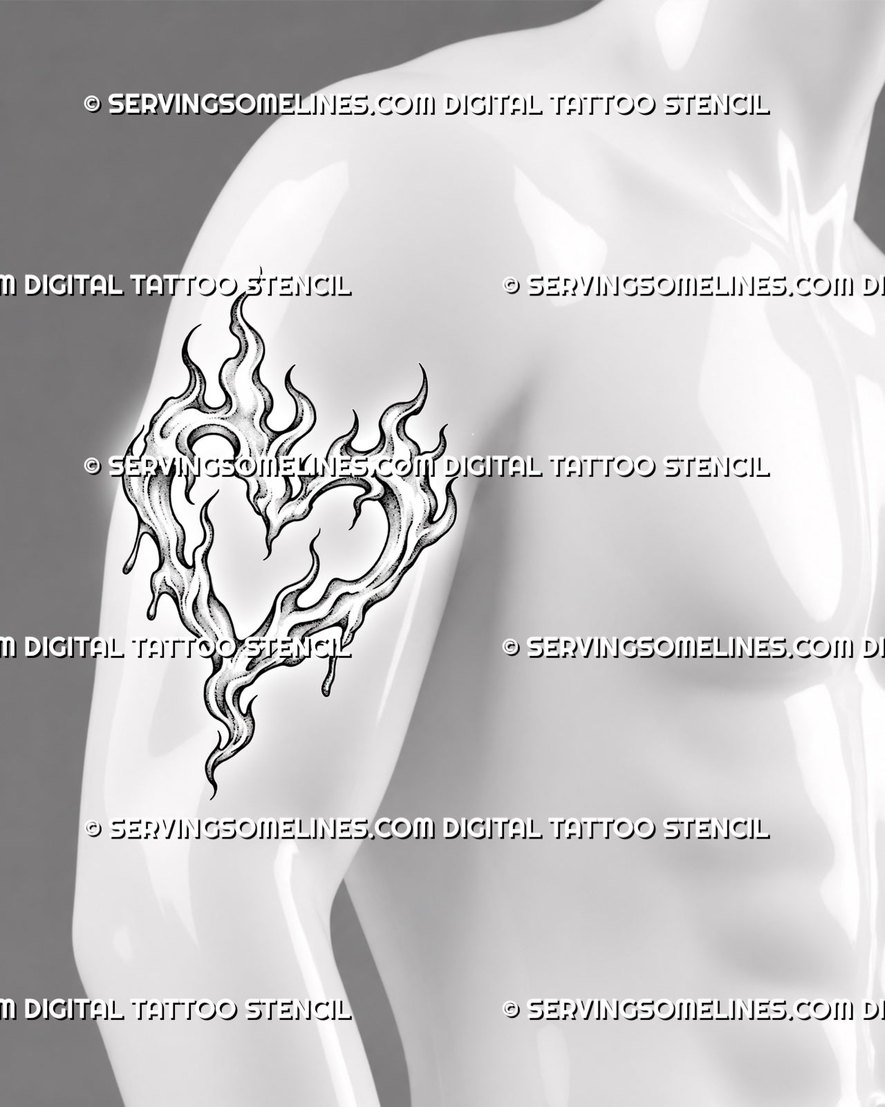 Flaming heart tattoo shown on a man’s upper arm with pointed flame tips, hollow heart center, dripping extensions, and a long vertical fire shape