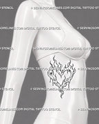 Flaming heart tattoo shown on a woman’s ribs with a hollow heart-shaped center, layered flames, dripping details, and a vertical fire silhouette