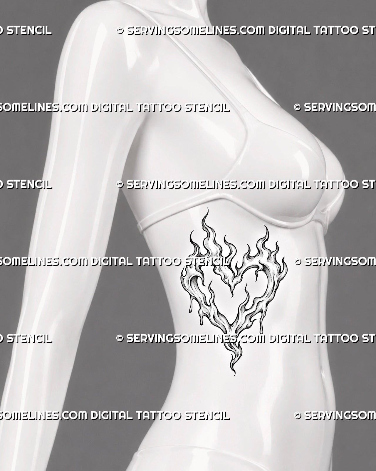 Flaming heart tattoo shown on a woman’s ribs with a hollow heart-shaped center, layered flames, dripping details, and a vertical fire silhouette