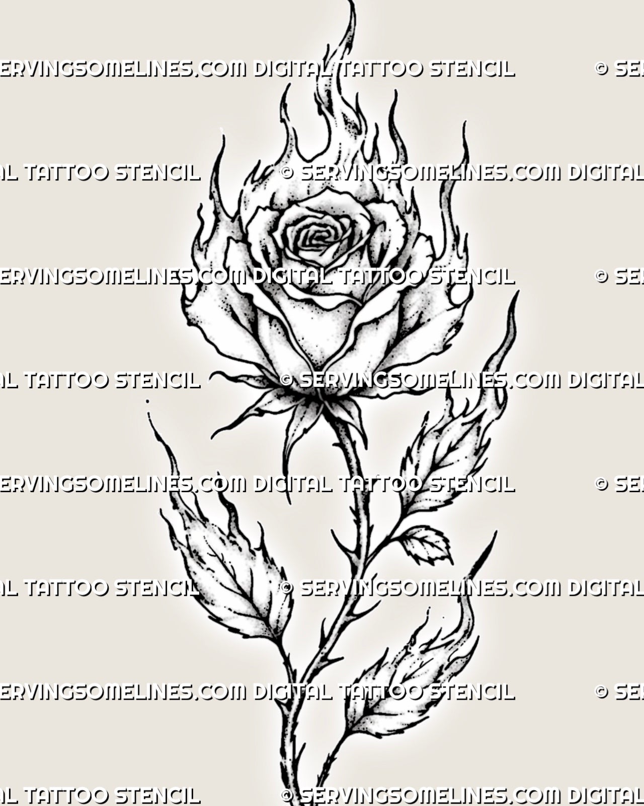 Close-up of a flaming rose tattoo design showing layered petals, flames rising from the bloom, stippling, thorns, and burning leaf tips