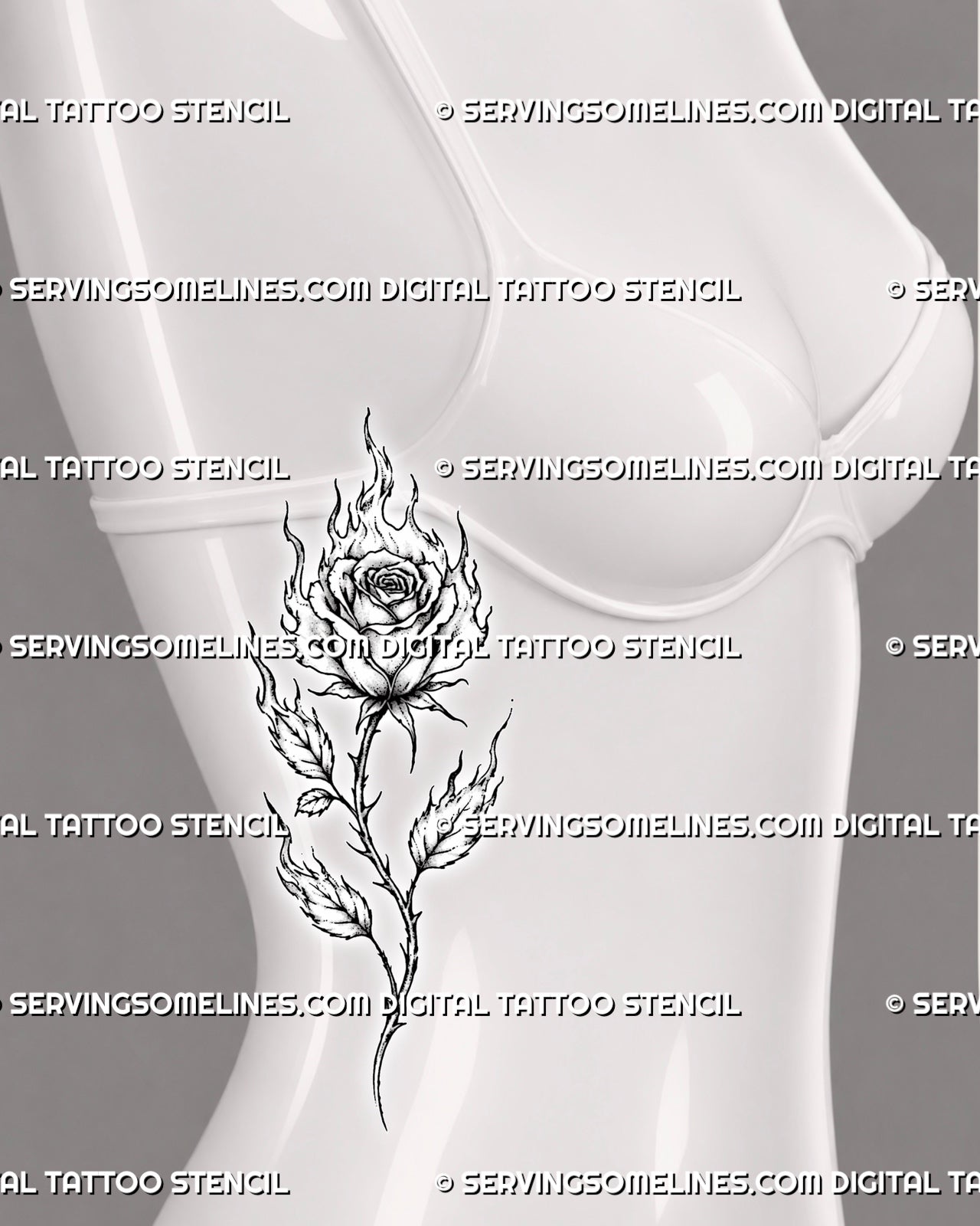 Flaming rose tattoo shown on a woman’s ribs with an open layered bloom, rising fire, flame-shaped leaves, and a curved thorned stem