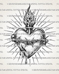 Flaming sacred heart tattoo stencil with barbed wire band, dark heart shading, and radiating rays