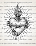 Flaming sacred heart tattoo stencil with barbed wire band, dark heart shading, and radiating rays