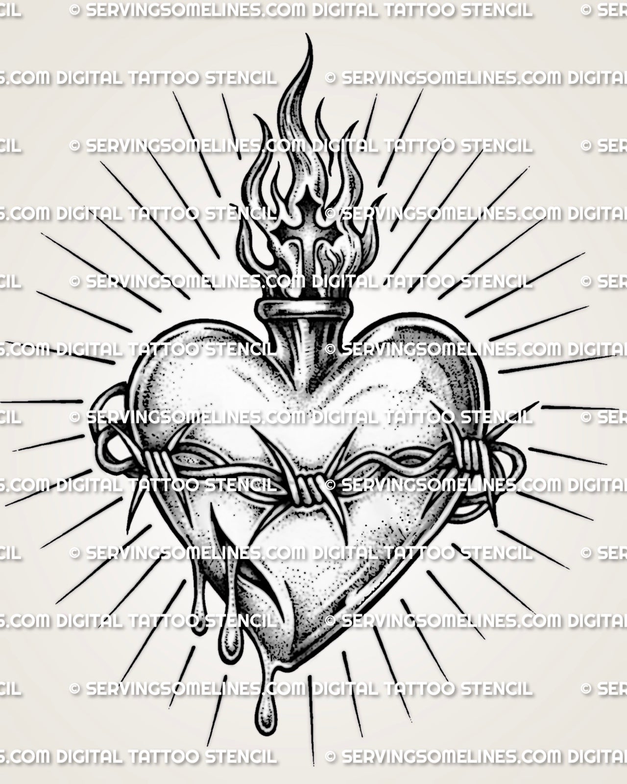 Flaming sacred heart tattoo stencil with barbed wire band, dark heart shading, and radiating rays