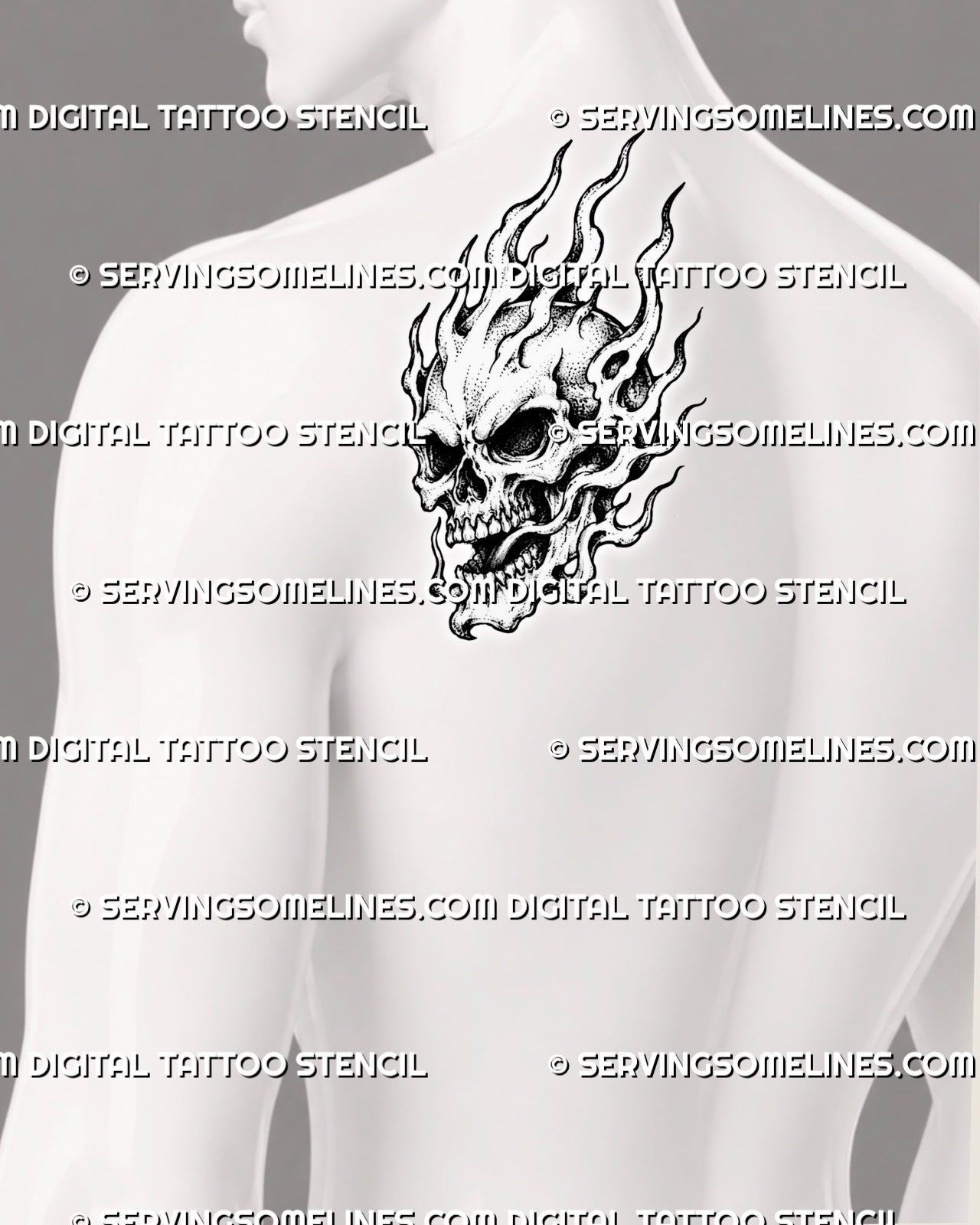 Flaming skull tattoo shown on a man’s back shoulder with a three-quarter skull, open jaw, layered flames, hollow fire details, and illustrative black-and-grey shading