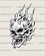 Flaming skull tattoo stencil with a three-quarter skull, open jaw, exposed teeth, deep eye sockets, rising flames, hollow fire openings, and stippled bone shading